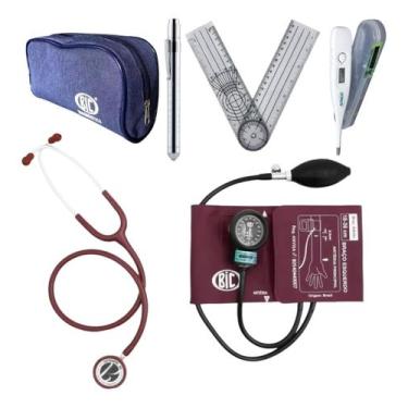 Imagem de Kit Médico Esfigmo Esteto Bic Termômetro Lanterna Goniometro Cor:vinho