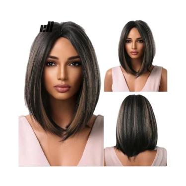 Imagem de Peruca Sintética Marrom Castanho Com Franja Central E Mechas Vermelho 