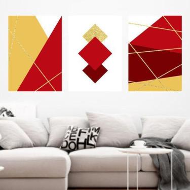 Imagem de Kit 3 Quadros Decorativos Linhas Douradas Vermelho 34x23cm