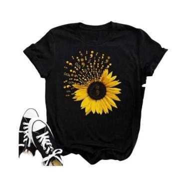 Imagem de Camiseta Feminina Preta Com Estampa De Borboleta E Girassol Kawaii, Co