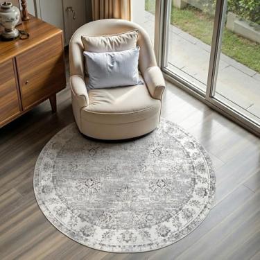 Imagem de jinchan Tapete redondo de 1,2 m Tapete de área persa interior vintage corredor circular tapete redondo 1,2 m redondo lavável tapete fino estampa floral antiderrapante com suporte de borracha para sala de estar sala de jantar quarto entrada cinza
