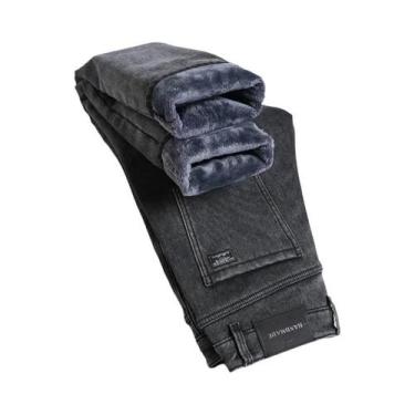 Imagem de Calças Jeans Masculinas De Inverno Com Forro De Lã, Quentes, Slim, Ret