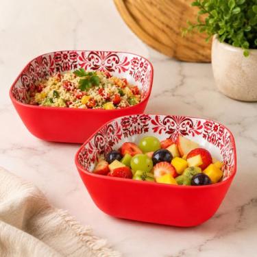 Imagem de Kit 2 Tigelas Decorada Bowl 700ml Estampada Quadrada Frutas Salada Sob
