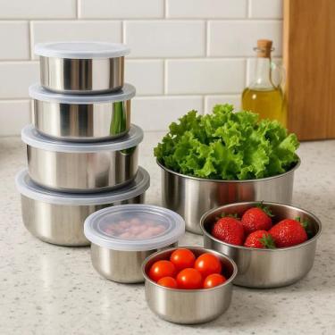 Imagem de Kit Tigelas Inox 5 Peças Vasilhas Alumínio Marmita Bacia Salada Conser