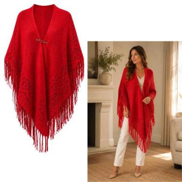 Imagem de Poncho Feminino em Tricot Premium com Franjas Elegante Inverno Luxo (1
