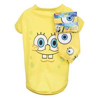 Imagem de Nickelodeon Combo Spongebob Camisa amarela para cães e bandana - Tamanho grande | Roupas de Bob Esponja macias e confortáveis para cães - Camiseta leve e bandana para cães