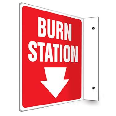 Imagem de Accuform Placa de projeção PSP700 90D, Legend "Burn Station", painel de 20 x 20 cm, plástico de alto impacto de 0,3 cm de espessura, orifícios de montagem pré-perfurados, branco sobre vermelho