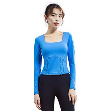Imagem de KSUA Camisetas femininas de ioga de manga longa com gola em U Camiseta de treino com almofadas removíveis, Azul, P