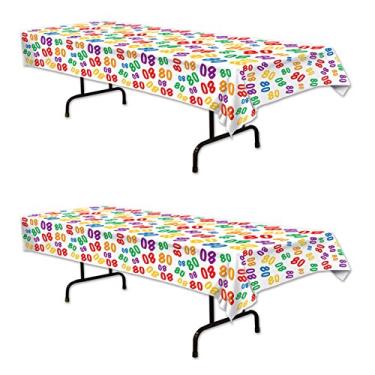 Imagem de Beistle 80 toalhas de mesa de aniversário, 137 cm x 274 cm, 2 peças – toalha de mesa de plástico, toalha de mesa retangular, capas de mesa para festa, toalha de mesa feliz aniversário, decorações de