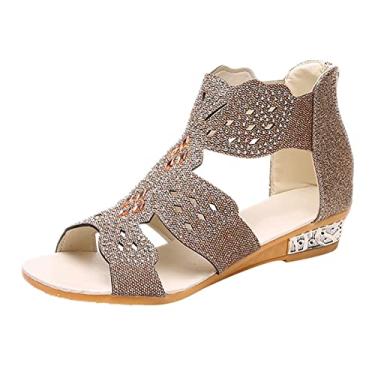 Imagem de Sandálias femininas para mulheres meninas sapatos de praia de cristal de verão casualMaterial: couro artificial sandálias de salto para mulheres elegantes (ouro, 7)