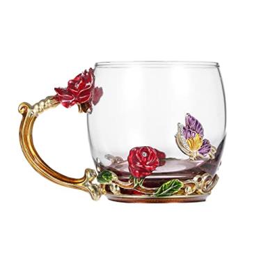 Imagem de Tingpai Rosa vermelha Esmalte Artesanato Copo de Água Bebida Caneca com Alça Design Xíca de Café Chá com Colher Conjunto de Pano de Limpeza 320 ML