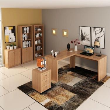 Imagem de Conjunto Home Office 5 Peças com 1 Mesa 1 Armário 1 Gaveteiro 1 Estante 1 Balcão Espresso Móveis Amendoa