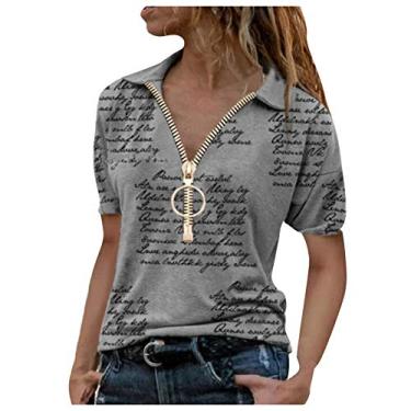 Imagem de Camiseta casual de manga curta com zíper e gola V com estampa de letras, blusa Parkour, Cinza, XG
