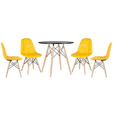 Imagem de Loft7, Kit Mesa Eames Eiffel 80 cm preto + 4 cadeiras estofadas Eames Botonê amarelo