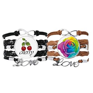 Imagem de DIYthinker Pulseira LGBT de flor lésbica arco-íris gay pulseira de mão corda de couro cereja conjunto duplo