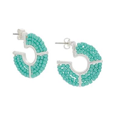 Imagem de Brinco de argola com contas turquesa, prata, tamanho único, One Size, Metal, Sem Pedra Preciosa, Brincos Femininos Bijuteria