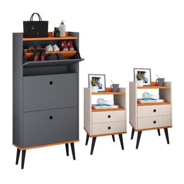 Imagem de Kit Sapateira Vertical 3 Gavetas Basculantes Dark Cinza/Cinamomo e 2 Mesinhas Canto Quarto Nicho Decorativo Dream Off White/Cinamomo RPM