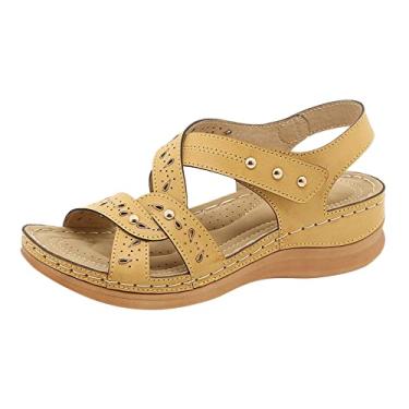 Imagem de 2 sandálias femininas femininas moda verão novo padrão sandálias romanas de cor sólida confortável anabela macia, Amarelo, 9