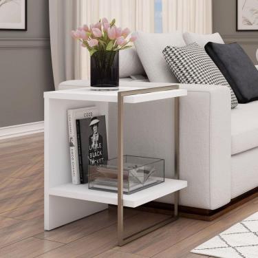 Imagem de Mesa de Cabeceira 100% MDF com Metalon Infinity Branco Fosco/Metalon Champagne