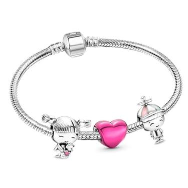 Imagem de Pulseira Amor Filhos com 3 berloques Menino Menina - Vermelha/Rosa - Banhado à Prata - Modelo Pandora - cabe pulseira de Berloques de Prata 925 Pandora Vivara (19 CM, ROSA)