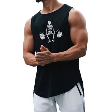 Imagem de COZYEASE Camiseta regata masculina com estampa gráfica, sem mangas, gola redonda, bainha assimétrica, academia, Preto, P
