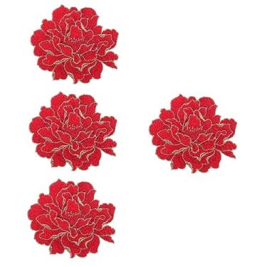 Imagem de NUOBESTY 4 Pcs remendo de bordado de peônia remendos de pano de artesanato DIY remendo de aplique vermelho jeans decoração acessórios de costura remendos para roupas ampla flores fragmento