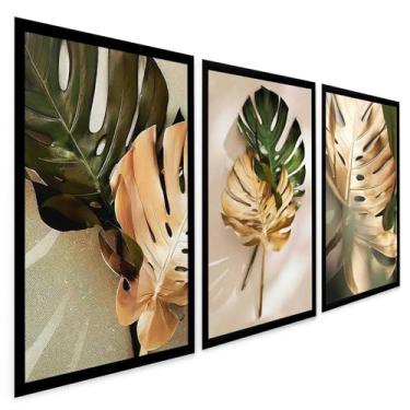 Imagem de Quadros Decorativos Planta Verde e Dourada Costela de Adão Quarto Sala 3 Peças com Moldura