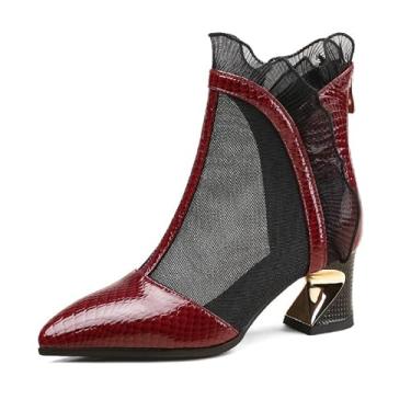 Imagem de KAGAA Sapatos femininos de couro genuíno bico fino com zíper e salto médio com cristais de 5 cm sandálias femininas feitas à mão ta121-2s, Vinho tinto 2, 35