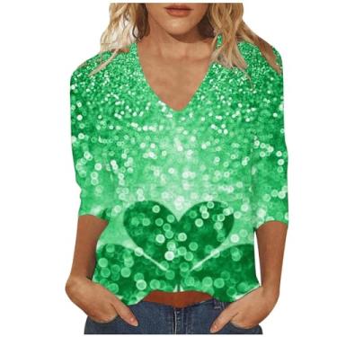 Imagem de Camiseta feminina Dia de São Patrício, manga 3/4, verde, trevo irlandês, camisetas estampadas fofas 2024, 6 cafés, M
