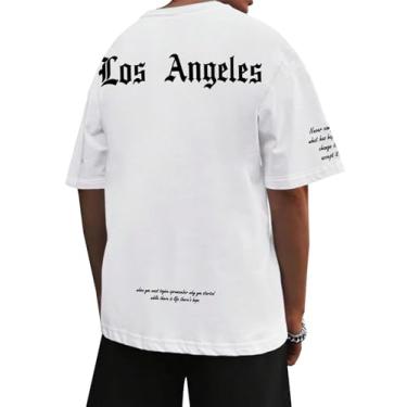 Imagem de Floerns Camiseta masculina de manga curta listrada com estampa de letras e gola redonda, Marfim branco, PP