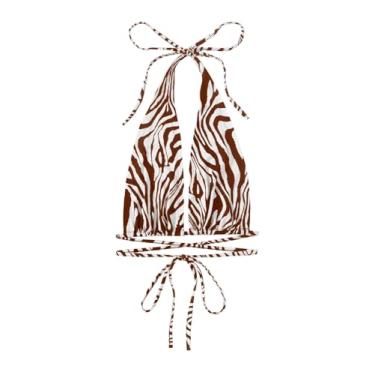 Imagem de MakeMeChic Camiseta feminina casual de verão com estampa de zebra cruzada, frente única, sem mangas, costas nuas, amarrada nas costas, Marrom café, M