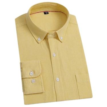 Imagem de Camisa de algodão masculina manga longa casual tem bolso sólido amarelo branco camisa social masculina adequada para todas as estações, 3603-11, M