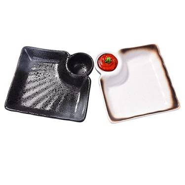 Imagem de LMRLCS Prato de sushi japonês com 2 bandejas quadradas de bolinho de massa e sobremesa com vinagre, conjunto de 2 para festas, seguro para micro-ondas e lava-louças, preto e branco