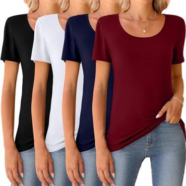 Imagem de Riyiper 4 peças camisetas femininas de manga curta gola redonda básica casual camisetas femininas básicas leves de verão, Preto, azul marinho, vinho, branco, P