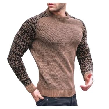 Imagem de Suéter masculino estampado emenda fina camada base borda canelada pulôver camada base gola redonda, Cáqui, XG