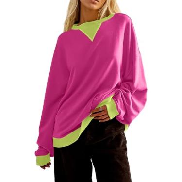 Imagem de ACCPUR Moletom feminino de manga comprida tamanho grande Color Block Y2k roupas gola redonda pulôver tops ajuste solto camisa fofa 2024, Vermelho rosa, M