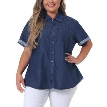 Imagem de Agnes Orinda Camisa jeans plus size feminina manga enrolada camiseta de botão cambraia 2024, Azul escuro, 2X