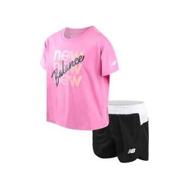 Imagem de New Balance Conjunto de shorts ativos para meninas - camiseta de manga curta de 2 peças e shorts de corrida - Lindo traje de verão para meninas (7-12), Rosa, preto, 10-12