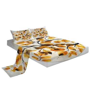 Imagem de Eojctoy Jogo de lençol ultramacio com tema de folhas amarelas de 4 peças, fácil de cuidar com lençol casal de 40,6 cm, confortável e respirável para casa
