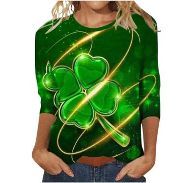 Imagem de Camiseta feminina do Dia de São Patrício com estampa da bandeira irlandesa americana túnica verde manga 3/4, Azul marino, 5G