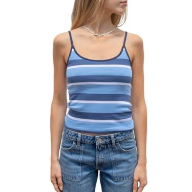 Imagem de Lairauiy Camiseta feminina regata feminina de verão fofa, acabamento contrastante, alças finas, gola redonda, Azul, M