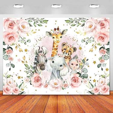 Imagem de Sensfun Jungle Safari Baby Shower Backdrop It's A Girl Pink Floral Zoo Animals Baby Shower Party Decorações Selvagem Um Aniversário Fotografia Fundo Mesa de Bolo Banner Suprimentos (2,1 x 1,5 m)