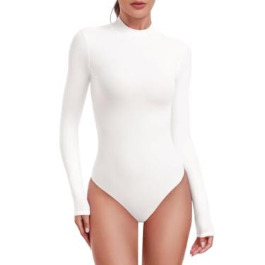 Imagem de HeyNuts Body feminino de manga comprida ultra macio com gola rolê, modelagem emagrecedora, camiseta básica, Branco, GG