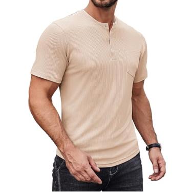 Imagem de COOFANDY Camiseta masculina Henley de manga curta básica com botões de verão, com bolso canelado, casual, stretch, Caqui, GG
