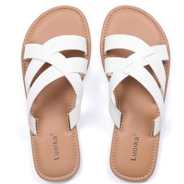 Imagem de Luoika Sandálias femininas planas de largura larga, sandália deslizante com tiras, sapatos elegantes de verão para mulheres., Branco 1003, 10 X-Wide