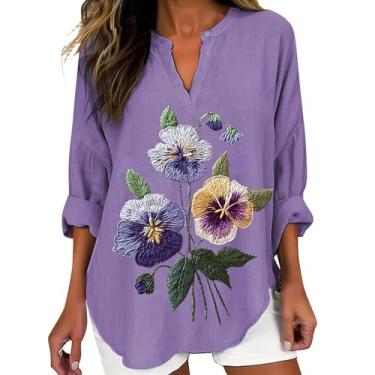 Imagem de Camiseta feminina de conscientização de Alzheimers de linho com gola V grande, casual, estampa de flores roxas, Roxo claro, M
