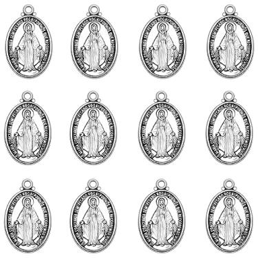 Imagem de 60 peças Medalha oval Milagrosa de La Virgen Maria pingentes liga Virgen de Guadalupe pingentes para colar de oração católica diy pulseira mexicana fabricação de joias, 12.5mm x 19.5mm x 2mm, Esmalte