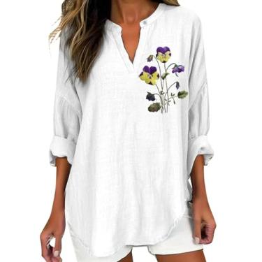 Imagem de Camiseta feminina de conscientização de Alzheimer, roxa, estampa floral, camisa de linho, gola Henley, manga dobrável, túnica grande, Branco, G