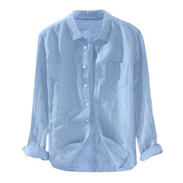 Imagem de Camisetas masculinas de linho gola tartaruga para verão outono manga longa xadrez básica blusa masculina 2024 Y2K, Z-245 Azul royal, M