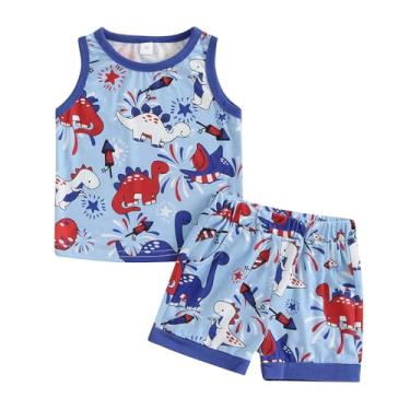 Imagem de BemeyourBBs Conjunto moderno de 2 peças com camiseta regata e shorts para bebês meninos, Dinossauro azul, 18-24 Meses